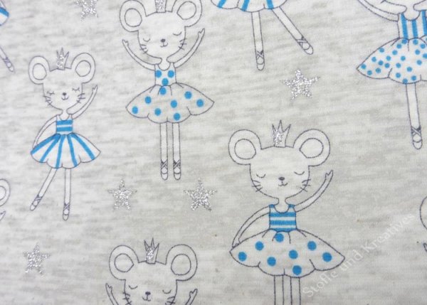Alpenfleece Dancing Ballerina ecru, Mäuse als Ballerinas mit Glitzer auf Kuschelsweat  stoffe und kreatives Welt der Kinderstoffe