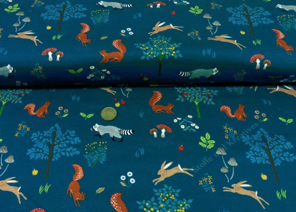 Animals in the forest petrol Hilco Sweatshirtstoff mit Waldtieren Kinderstoff Meterware