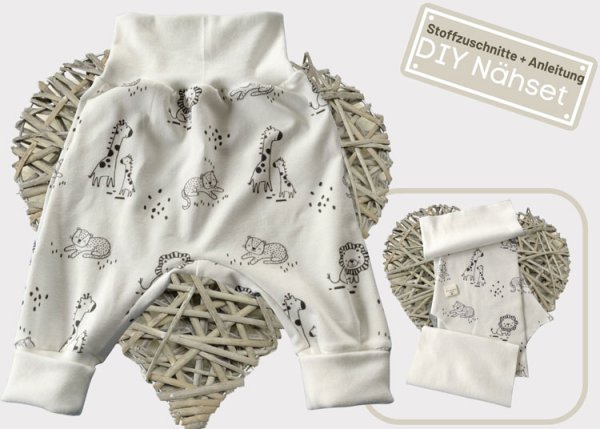 DIY Nähpaket Stoff Zuschnitte plus Anleitung Pumphose Jersey Wild Life, Bündchen naturweiss Nähset