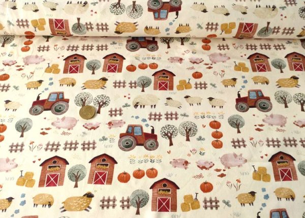 Fancy Farm ecru Baumwoll-Jersey mit Bauernhof Tieren und Traktor ein Kinderstoff von Hilco