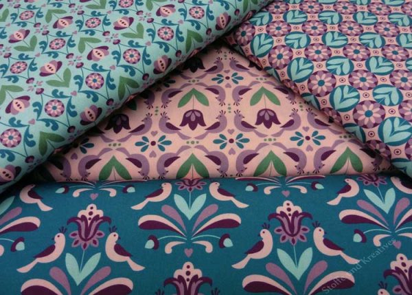 Fantasia Hilco Baumwolle Webware Popeline in rosa petrol 4 Designs als Kombistoffe mit Blumen und Vögelchen