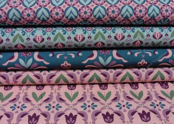 Fantasia Hilco Baumwolle Webware Popeline in rosa petrol mint 4 Designs Patchwork mit Blumen und Vögelchen