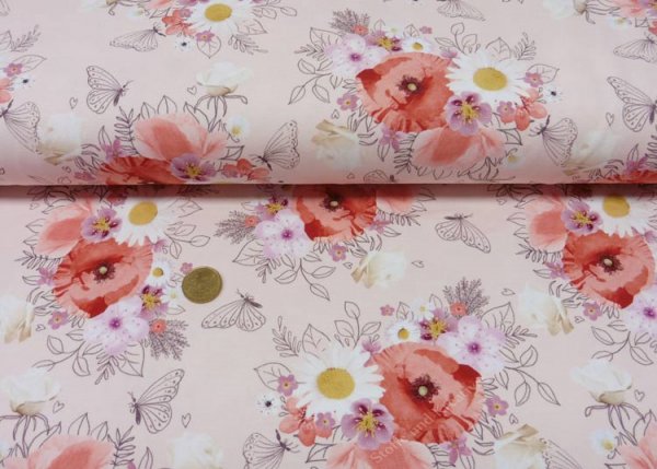 Flower Bouquet Jersey in hellem lachs mit Blumen und Schmetterlingen, ein Kinderstoff von Hilco