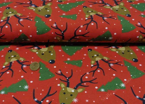 Frohe Weihnachten Deer Weihnachtsstoff rot French Terry geraut Sweatstoff