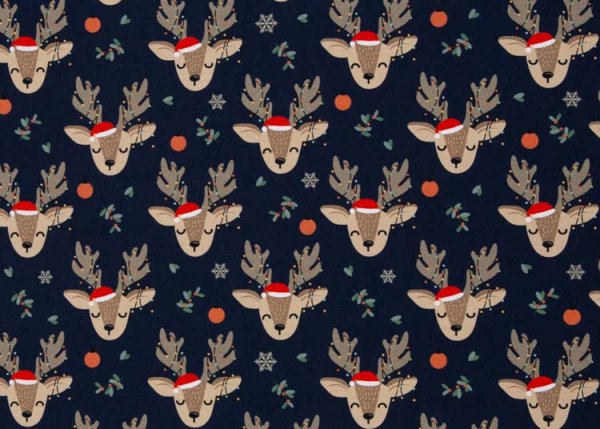 Holly Weihnachtsstoff, Sweatstoff mit Rehe in dunkelblau von Swafing