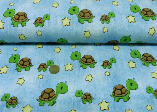 Little Turtle hellblau Kinderstoff Jersey in Jeansoptik mit Schildkröten und Sternen