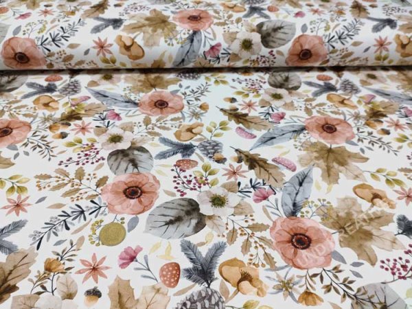 Lutin Flower ecru, braun Baumwoll-Jersey mit Blumen und PIlzen von Hilco