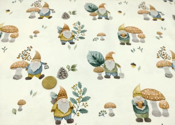 Lutin ecru grün Baumwoll-Jersey mit Zwergen Kinderstoff mit Herbstmotiven von Hilco