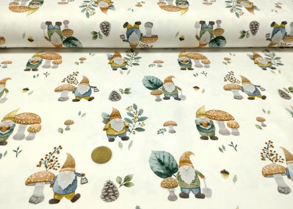 Lutin ecru, grün Baumwoll-Jersey mit Zwergen Kinderstoff von Hilco