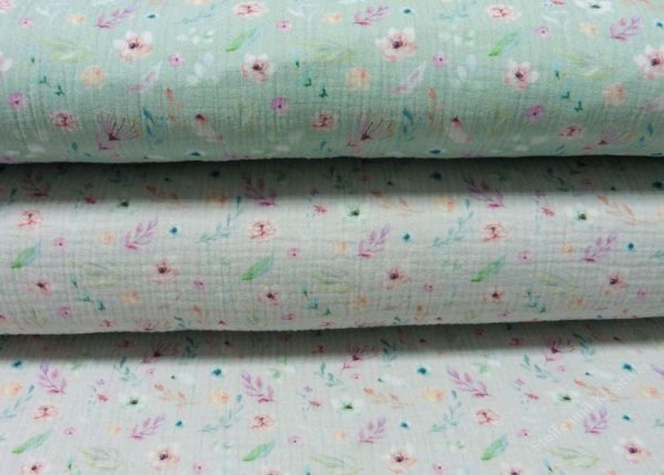 Musselin Sabella grau oder grün Double Gauze Baumwollstoff Blumenstoff Meterware