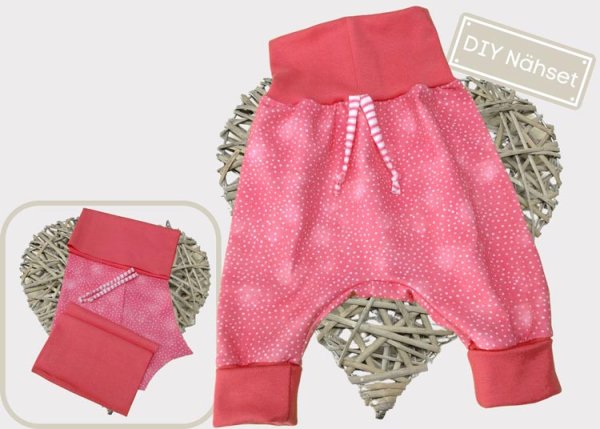 DIY Nähpaket Stoff Zuschnitte Pumphose Jersey Punkte himbeere plus Bündchen Nähset