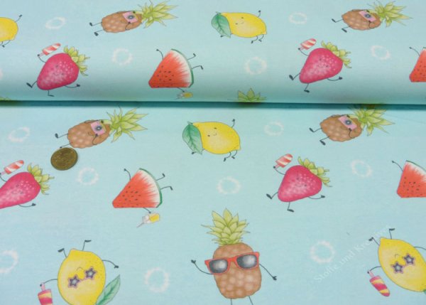 Refresh Fruits Jersey in aqua mit verschiedenen Früchten, ein Kinderstoff von Hilco
