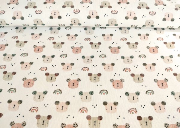 Rici Bear Hilco Feincord ecru mit helles lachs, ein Babycord mit Bären und Regenbogen