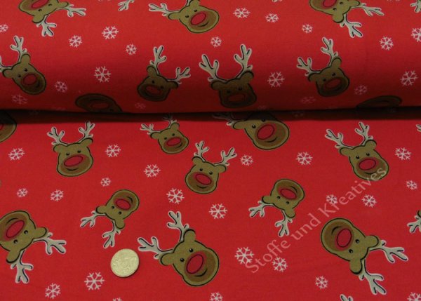 Sweatshirtstoff Elche, Xmas, Weihnachtsstoff French Terry dehnbar rot