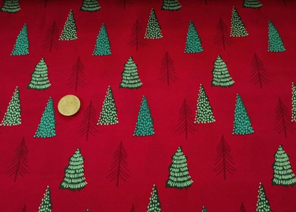 Tannenbäume rot Weihnachtsstoff aus Baumwolle Webware mit Tannenbäumen