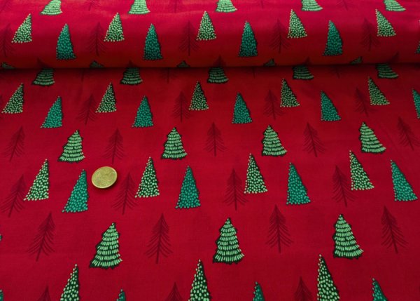 Tannenbäume rot Weihnachtsstoff aus Baumwolle Webware mit Tannenbäumen