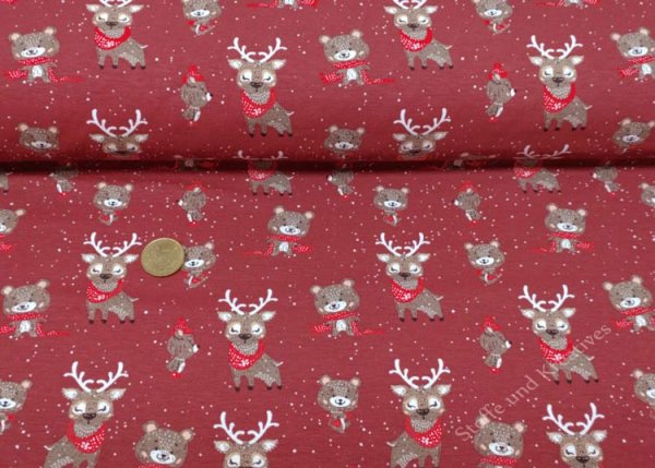 Hubertus Weihnachtsstoff dunkelrot Jersey mit Hirschen und Bärchen für coole Weihnachtsshirts, Wäsche, usw.