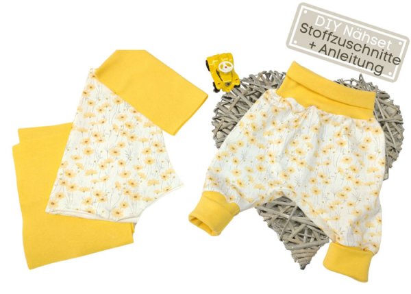 Stoffzuschnitte DIY Nähset Baby Pumphose nähen Jersey Watercolour Flowers plus Bündchen gelb Geschenk Baby Mädchen