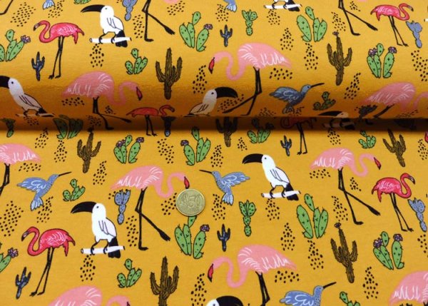Tropical Flamingo French Terry Mustard Kids Fabric Summer Sweat 50cm