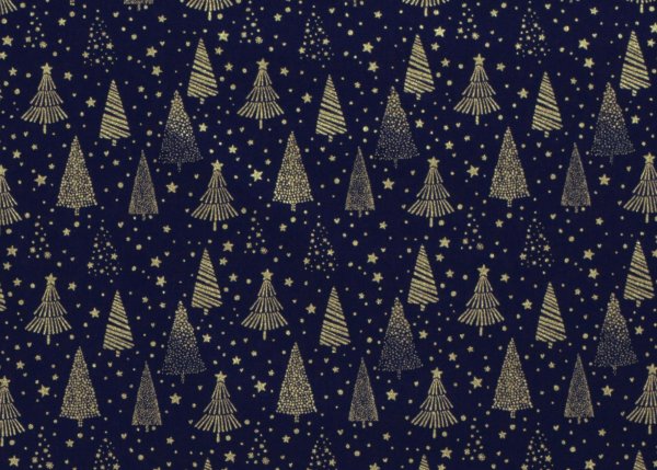 Tannengold Weihnachtsstoff  Baumwolle Webware mit goldenen Bäumen und Sternen auf rotem Grund. Meterware Weihnachtsstoff