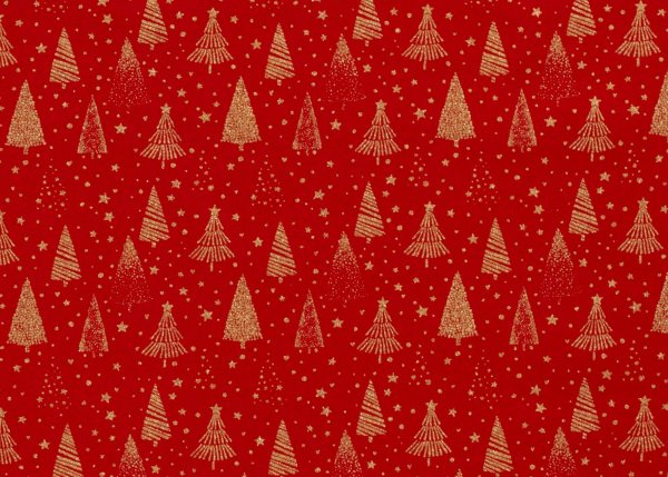 Tannengold Weihnachtsstoff  Baumwolle Webware mit goldenen Bäumen und Sternen auf rotem Grund. Meterware Weihnachtsstoff