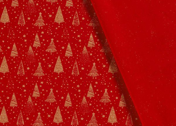 Tannengold Weihnachtsstoff  Baumwolle Webware mit goldenen Bäumen und Sternen auf rotem Grund. Meterware Weihnachtsstoff