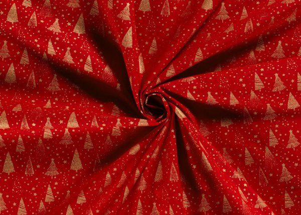 Tannengold Weihnachtsstoff  Baumwolle Webware mit goldenen Bäumen und Sternen auf rotem Grund. Meterware Weihnachtsstoff