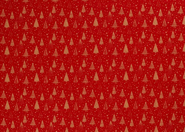 Tannengold Weihnachtsstoff  Baumwolle Webware mit goldenen Bäumen und Sternen auf rotem Grund. Meterware Weihnachtsstoff