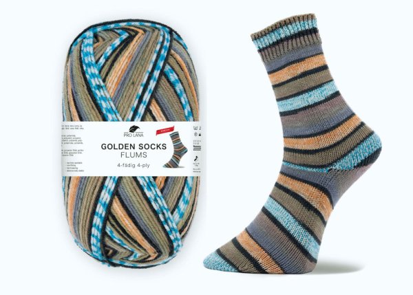 Flums Stretch-Sockenwolle von Golden Socks, Pro Lana,  Strumpfwolle braun türkis