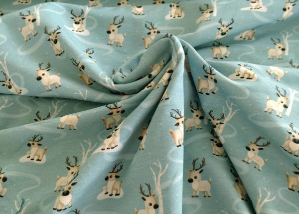 Happy Deer Mrs Mint Design Hilco French Terry in mint, ein Sweatstoff mit kleinen Rentieren