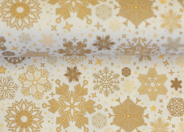 Joyful Christmas Swafing Weihnachtsstoff  Baumwolle Webware mit goldenen Schneeflocken auf ecrufarbenem Grund. Meterware Weihnachtsstoff