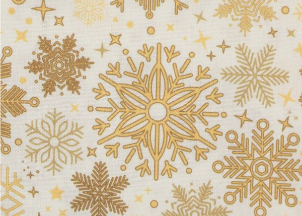 Joyful Christmas Weihnachtsstoff  Baumwolle Webware mit goldenen Schneeflocken auf naturfarbenem Grund. Meterware Weihnachtsstoff