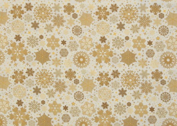 Joyful Christmas Swafing Weihnachtsstoff  Baumwolle Webware mit goldenen Schneeflocken auf ecrufarbenem Grund. Meterware Weihnachtsstoff