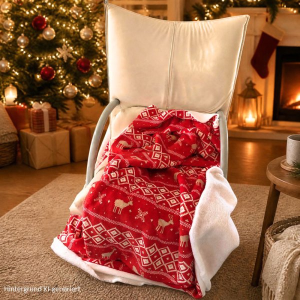 Kuschelnicky Norwegermuster in rot – beidseitiger winterlicher Kuschelstoff im Norwegermuster