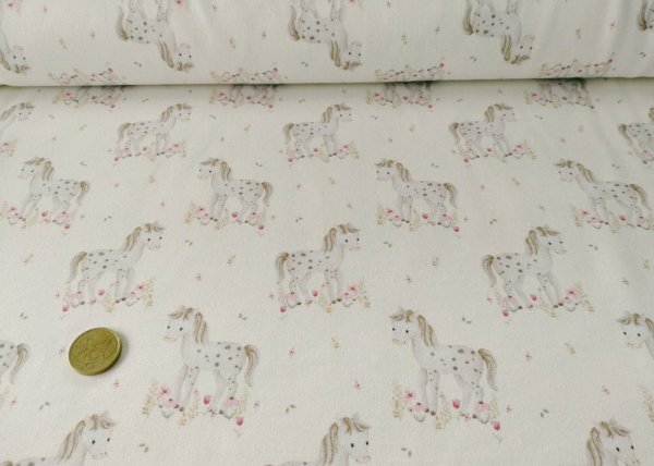 Little Pony Hilco French Terry in ecru, ein Sweatstoff mit Ponys für Mädchen