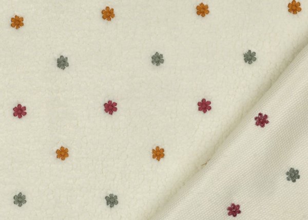 Romy Teddyplüsch mit aufgestickten Blumen Meterware in ecru